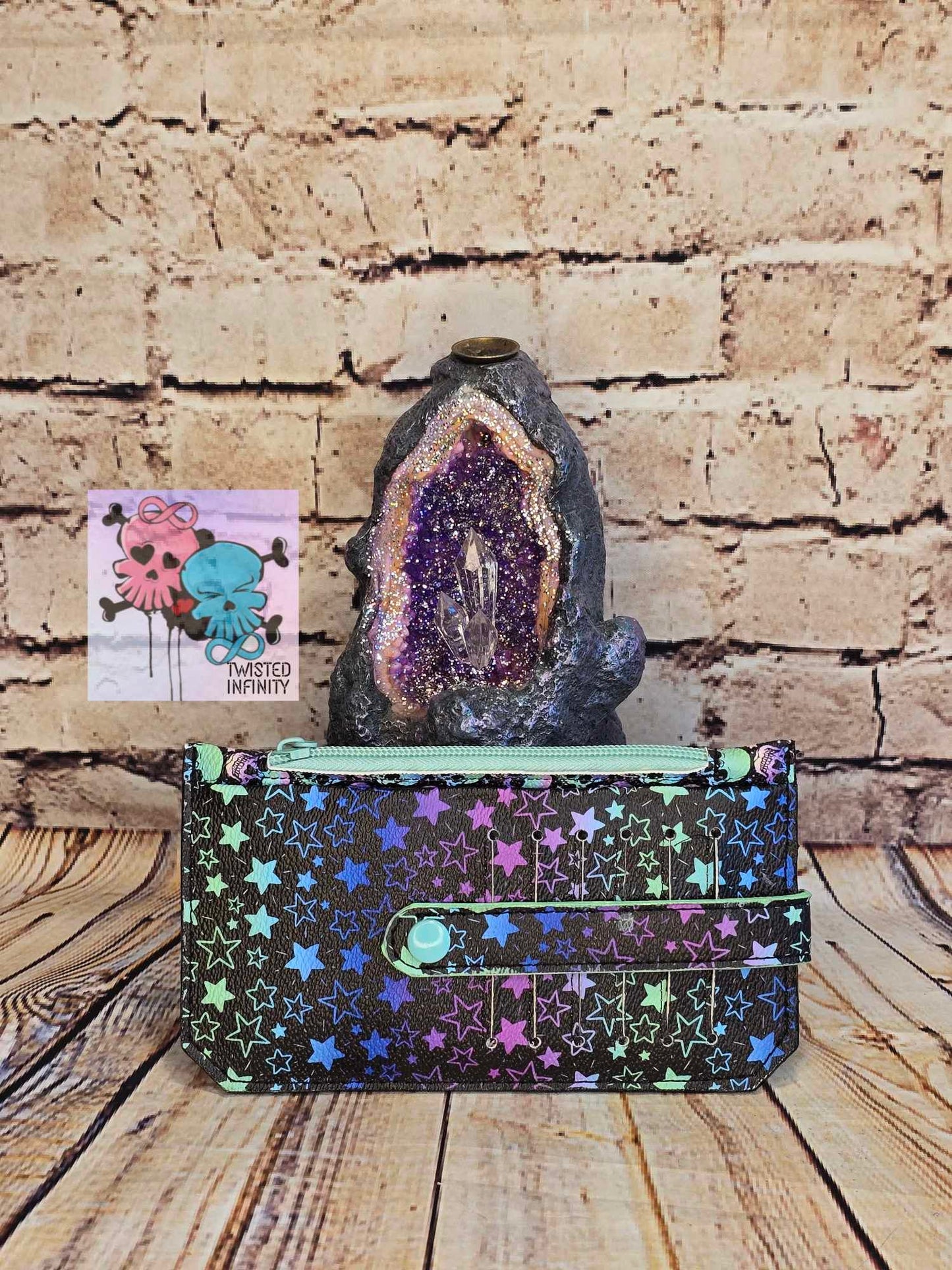 Slimline Vegan Leather Wallet- Neon Skulls